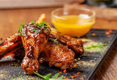 concept-indian-cuisine-baked-chicken-wings-legs-honey-mustard-sauce-serving-dishes-restaurant-black-plate-indian-spices-wooden-table-background-image_127425-18